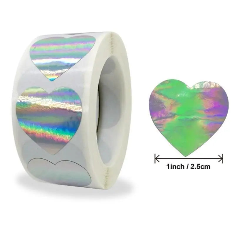 500pcs Laser Hologram Heart Stickers Roll – Cute Cartoon Decals Holographic Sticker Roll Babs 500pcs Heart