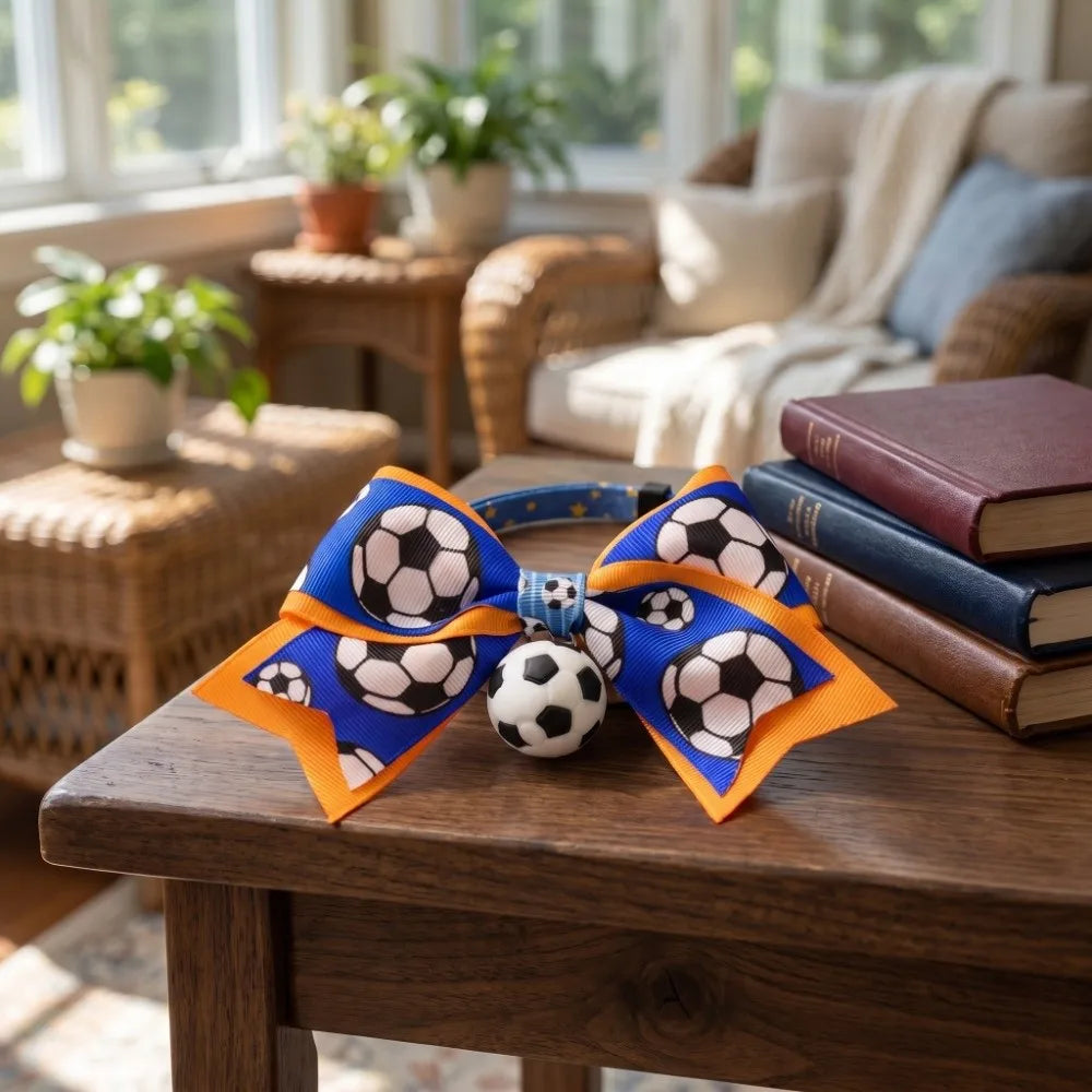 Soccer Football Pet Collar & Bow Tie – Adjustable, Safe Pet Collar Costume Babs