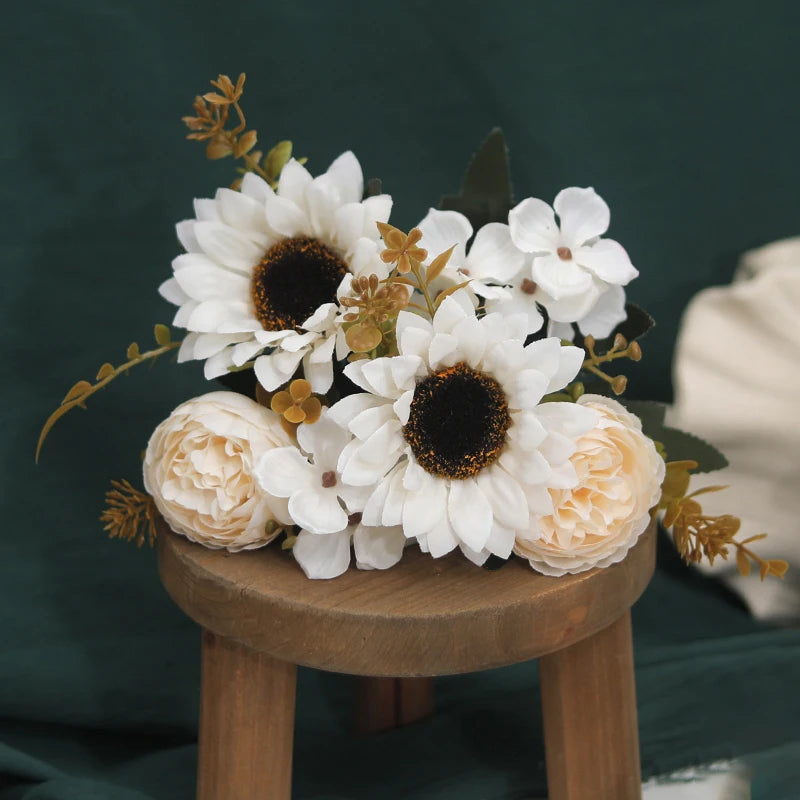 Artificial Silk Flower Bouquet – Sunflower, Peony & Hydrangea Artificial Flower Bouquet Babs Autumn White 3PCS