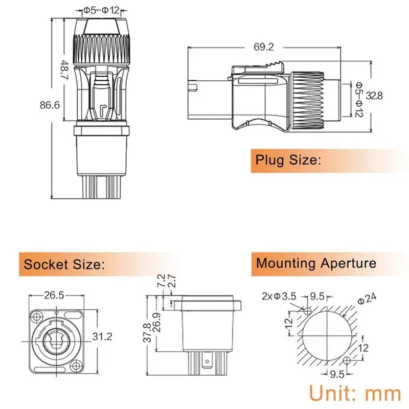 PowerCon 3-Pin Panel Mount Connector AC 250V 20A | 8-Pack Power Cable Connector Babs