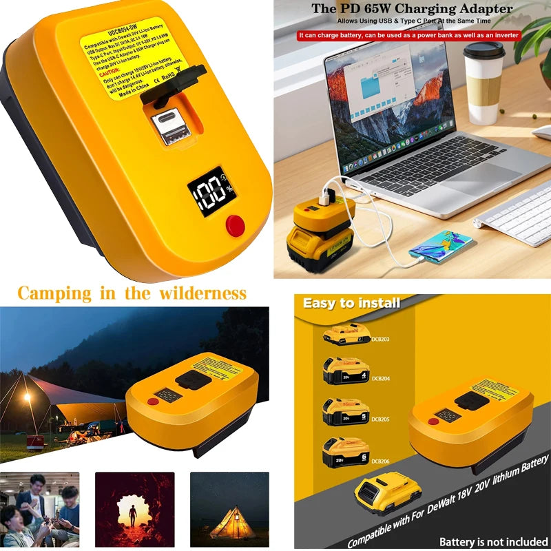 60W Dewalt Battery Adapter Charger | 18V 20V 60V USB Type-C Battery Charger Adapter Babs