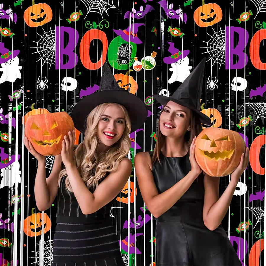 Halloween Tinsel Curtain Pumpkin Ghost Backdrop Party Decor Halloween Party Backdrop Babs