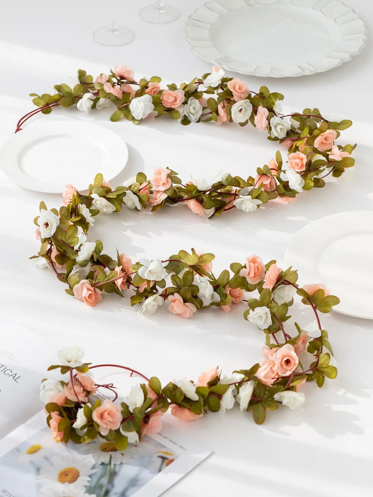 Silk Rose Garland – Artificial Flower String for Wedding & Home Artificial Flower Garland Babs white champagne 3 pcs