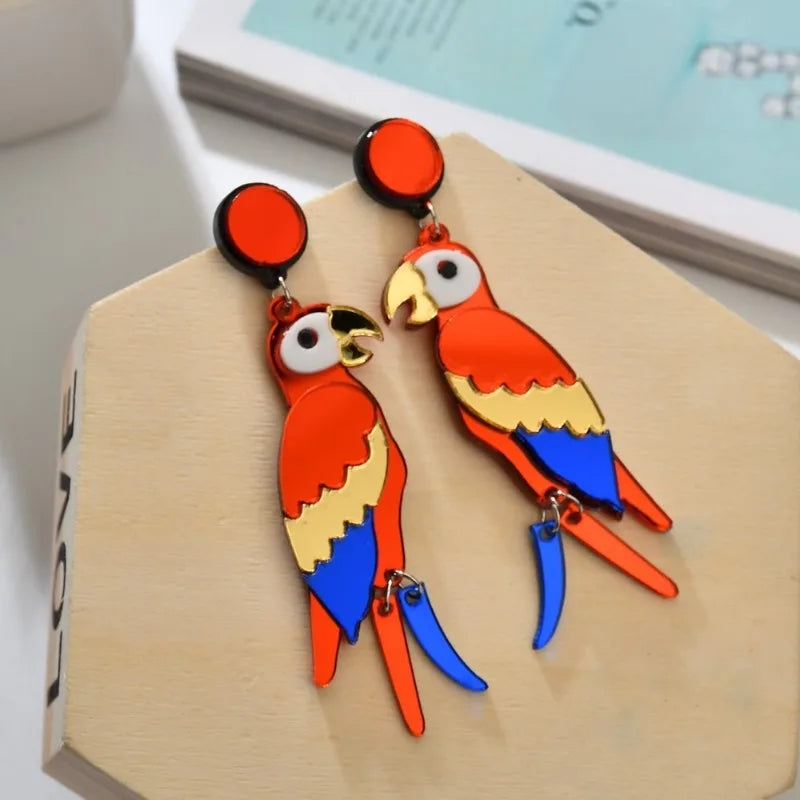 Colorful Parrot Acrylic Drop Earrings – Bird Statement Jewelry Drop Earrings Babs
