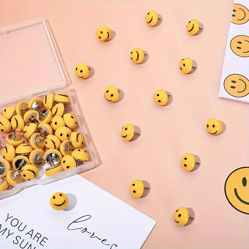 50pcs Smiley Face Push Pins with Storage Box | Cork Board Tacks Decorative Push Pins Babs