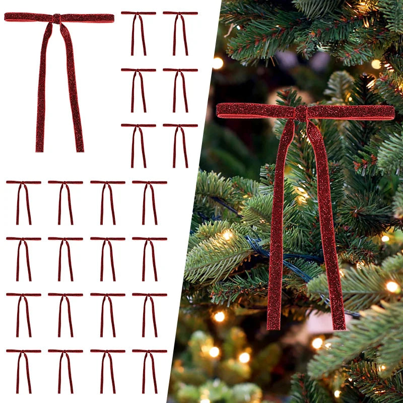 12pcs Red Gold Velvet Bow Christmas Tree Glitter Ornaments Christmas Bow Ornaments Babs Wine Red 17cm