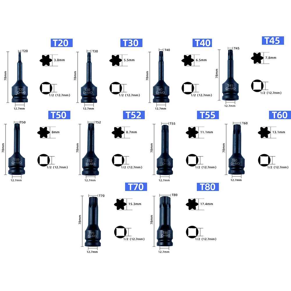 10pc 1/2" Drive Torx Star Bit Socket Set T20-T80 | Hand Tools Torx Socket Set Babs