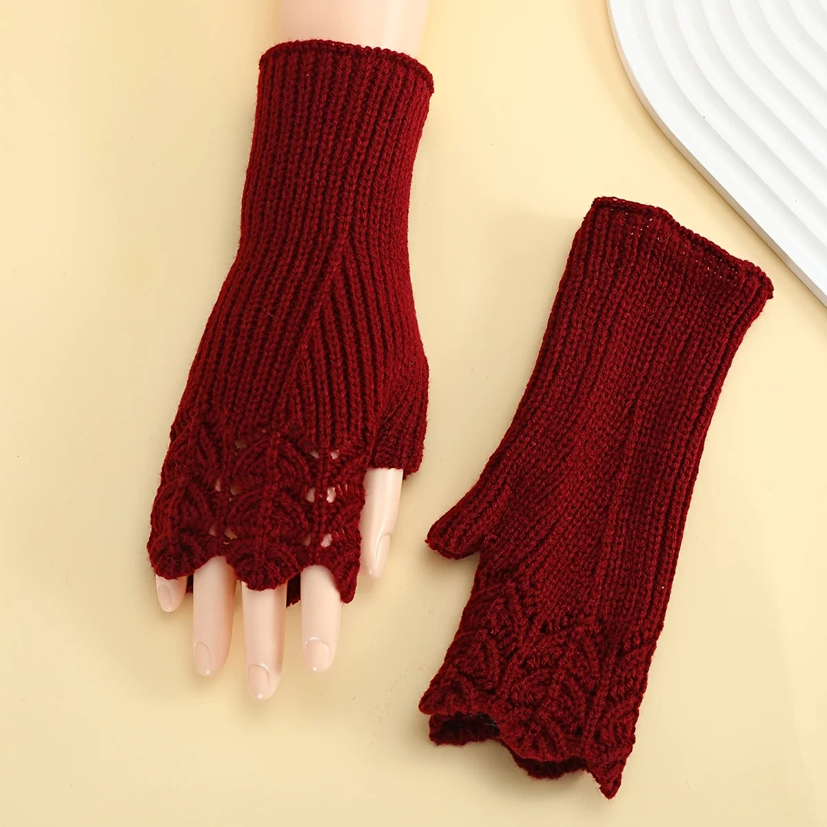Women's Fishnet Knit Gloves – Stylish Outdoor Winter Warmth Knit Fashion Gloves Babs Burgundy One Size