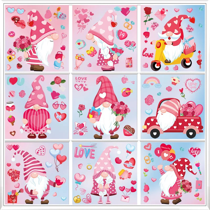 9-Sheet Valentine's Gnome & Heart Window Stickers Decals Window Stickers Babs