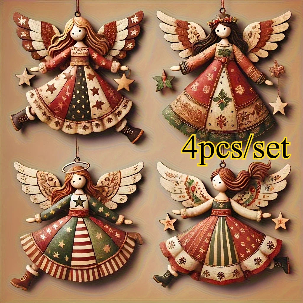 4pcs Handmade Wooden Angel Christmas Ornaments – Vintage Decor Christmas Ornaments Babs MULTI