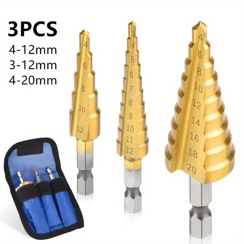 3-Pc HSS Titanium Step Drill Bit Set – 3-12mm to 4-20mm Step Drill Bit Set Babs