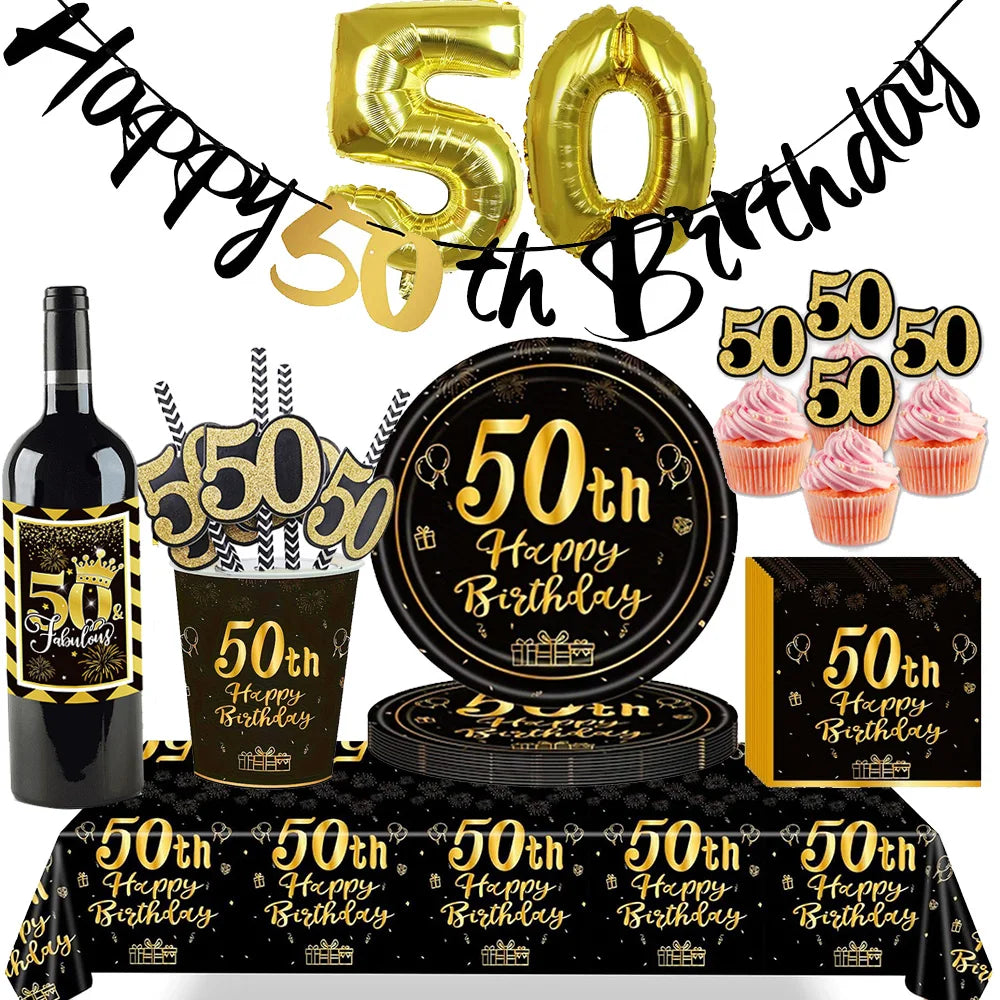 50th Birthday Party Tableware Set – Black & Gold Disposable Party Tableware Babs