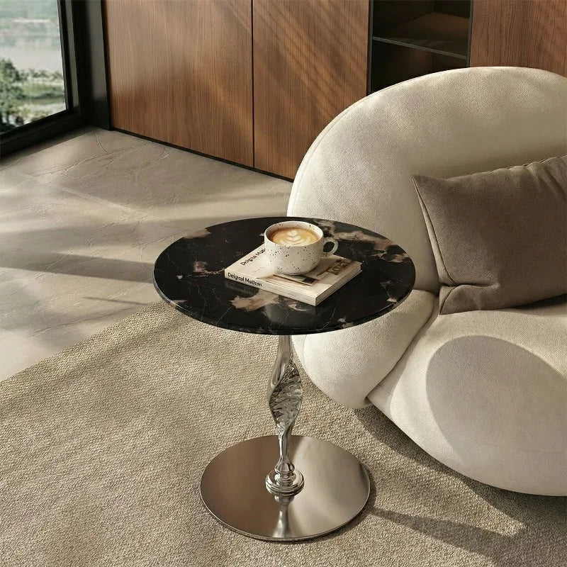Modern Round Marble Side Table – Minimalist Stainless Steel Legs Marble Side Table Babs Black B-45CM