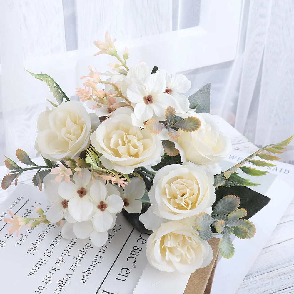 Silk Rose & Hydrangea Artificial Bouquet | Wedding & Home Décor Artificial Flower Bouquet Babs White 3PC
