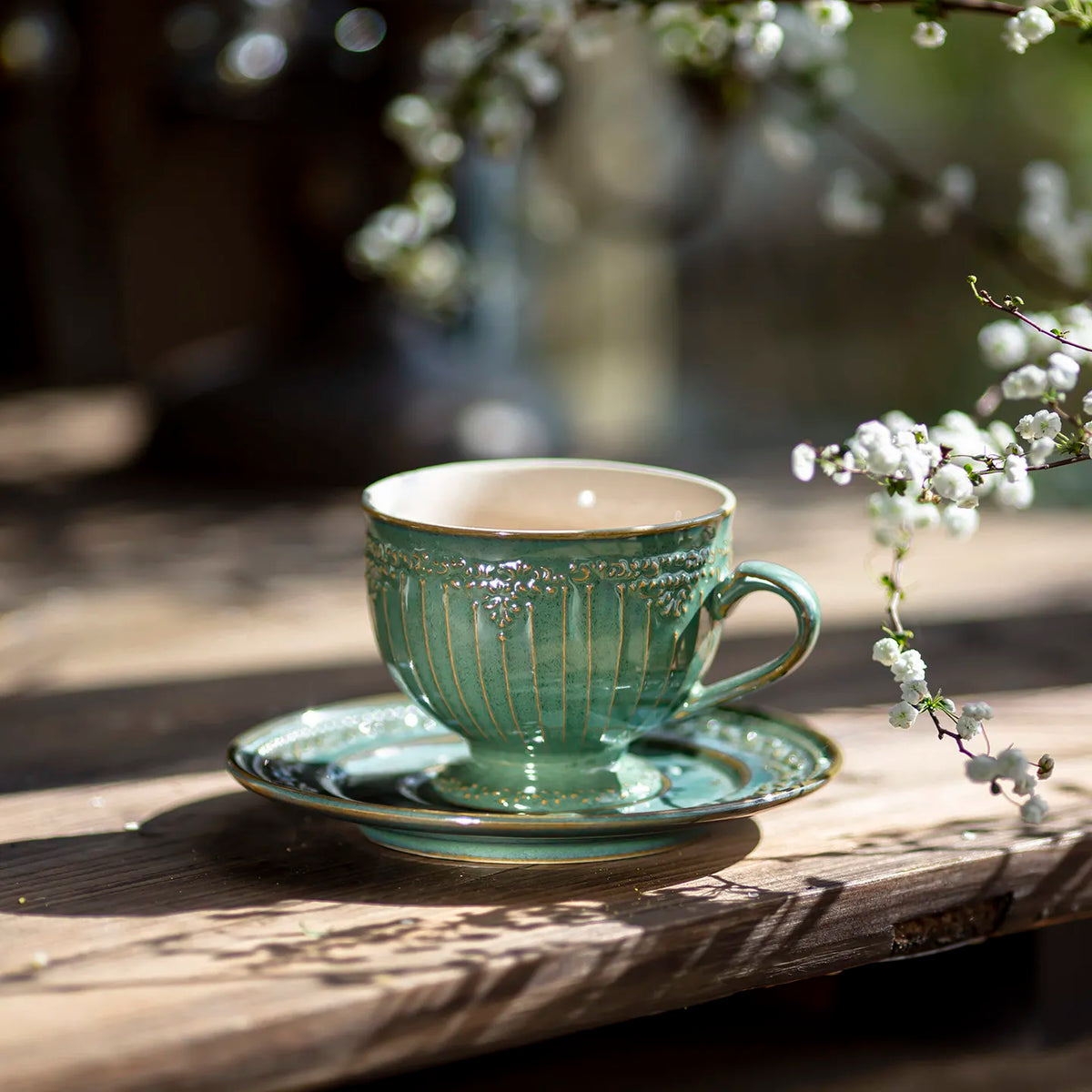 Vintage Embossed Ceramic Cup & Saucer Set | Underglaze Porcelain Ceramic Cup & Saucer Babs Green