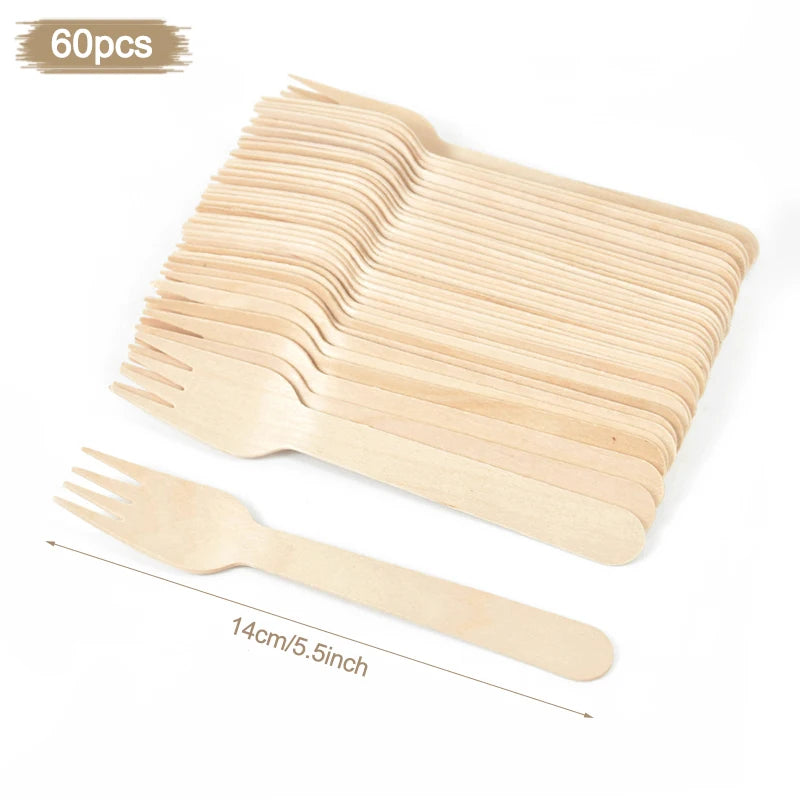 Disposable Wooden Cutlery Set – Party Spoon Fork Knife Disposable Cutlery Set Babs 60pcs-fork-14cm