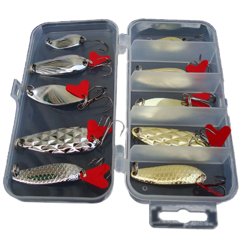 10-Piece Metal Jig Spoon Spinner Fishing Lure Set + Tackle Box Fishing Lure Set Babs
