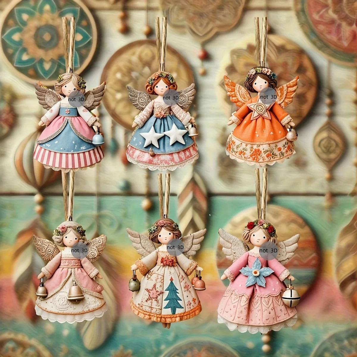 12pcs Retro Handmade Christmas Angel Pendants – Floral & Star Christmas Ornament Set Babs