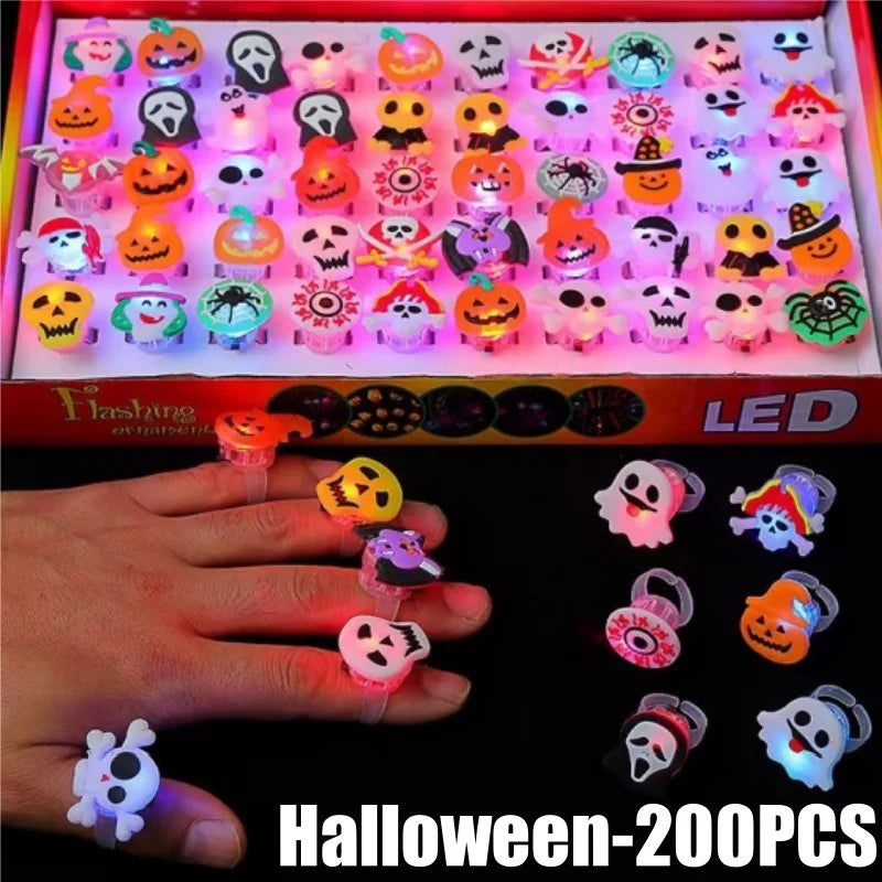 Halloween LED Glow Ring Set – Pumpkin Ghost Skull Finger Lights Halloween Party Favors Babs Halloween-200PCS