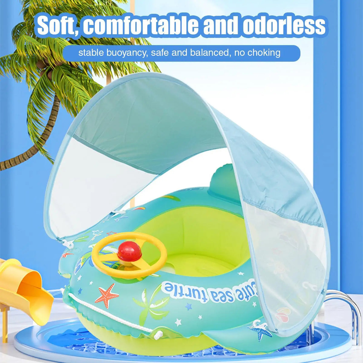 Kids Inflatable Pool Float with Sunshade Canopy & Steering Wheel Kids Pool Float Babs