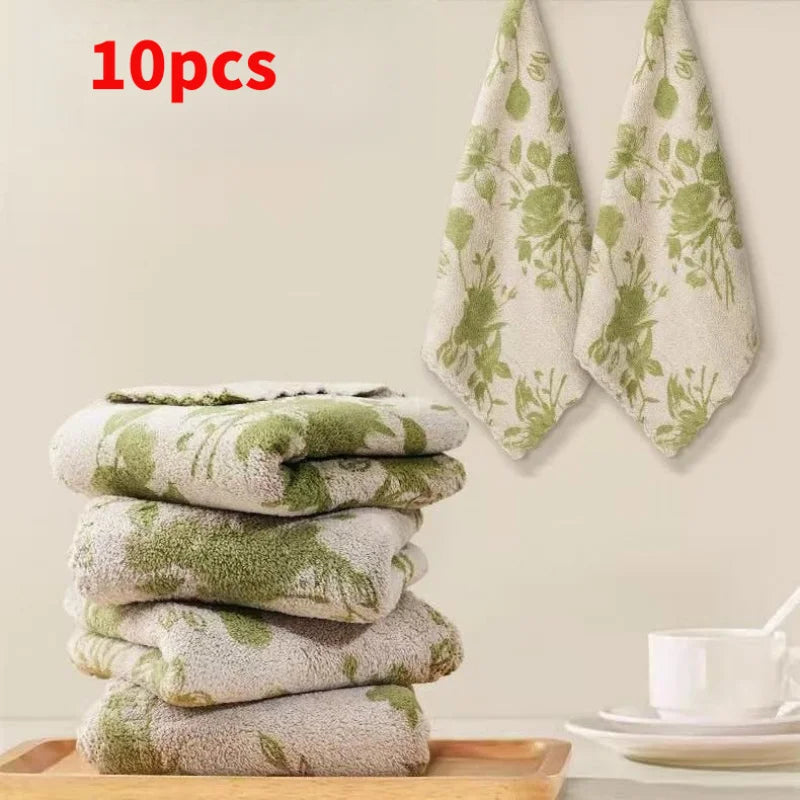 10-Pack Kitchen Dish Cloths – Coral Fabric, Green Rose Pattern Kitchen Cleaning Cloths Babs light green 10pcs