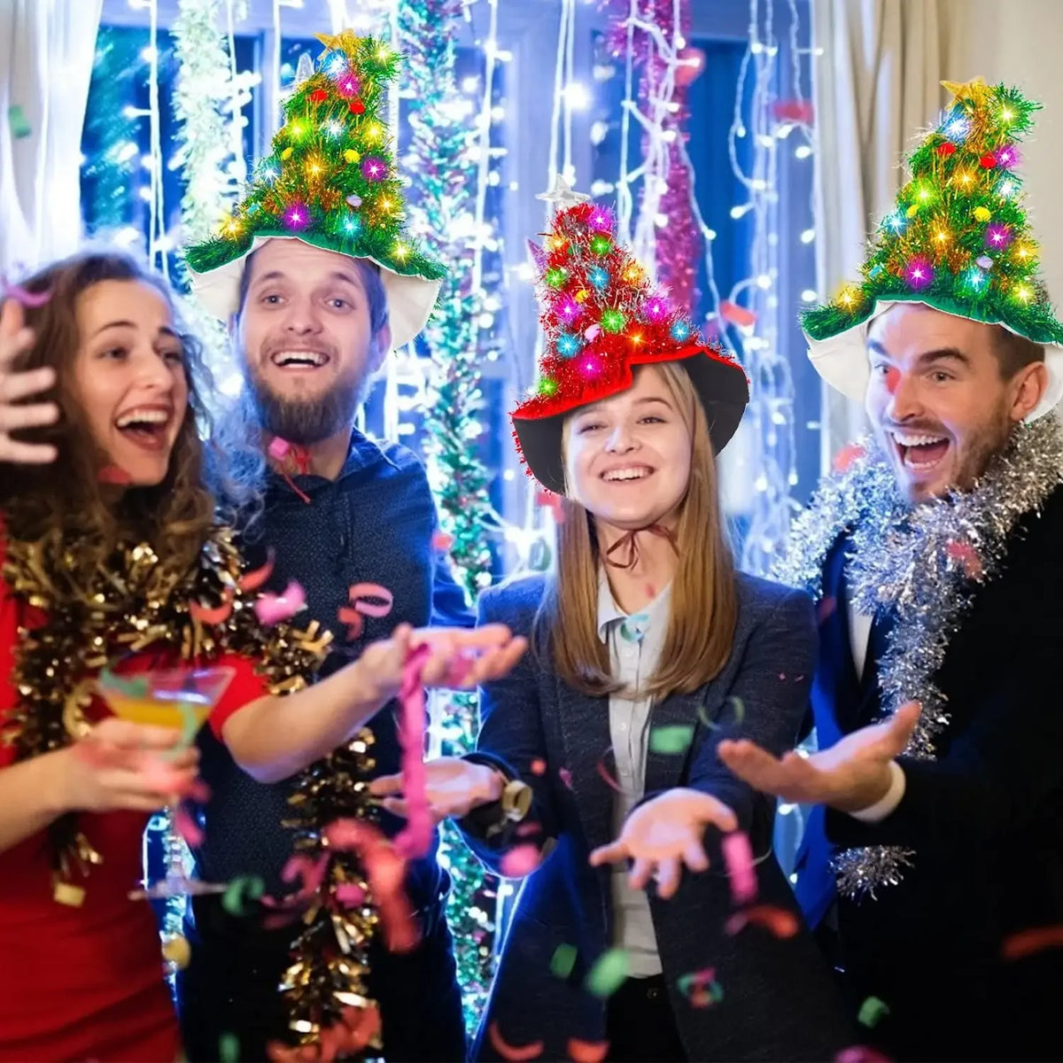 LED Glowing Christmas Tree Hat with Tinsel & Lights LED Christmas Hat Babs