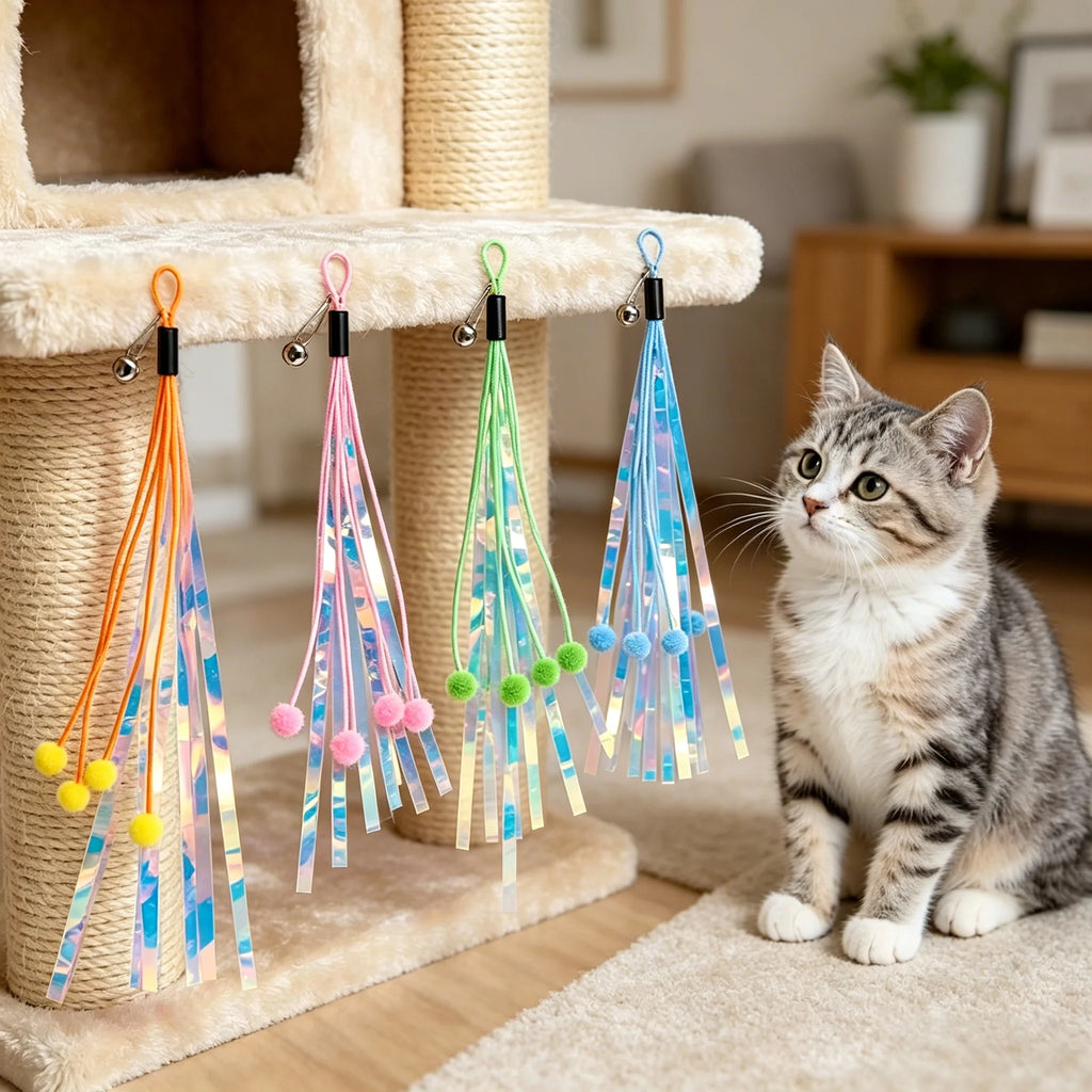 Cat Wand Teaser Toy with Bell, Metallic Foil Tassel & Ribbon Cat Teaser Toy Babs