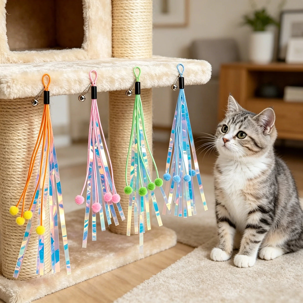 Cat Wand Teaser Toy with Bell, Metallic Foil Tassel & Ribbon Cat Teaser Toy Babs