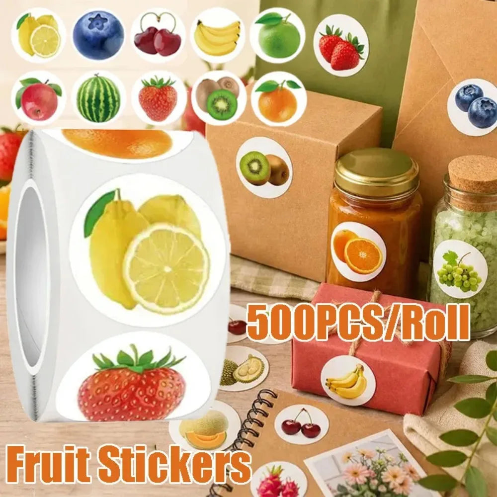 500PCS Fruit Stickers Roll – Waterproof DIY Decals for Laptop & Phone Decorative Sticker Roll Babs