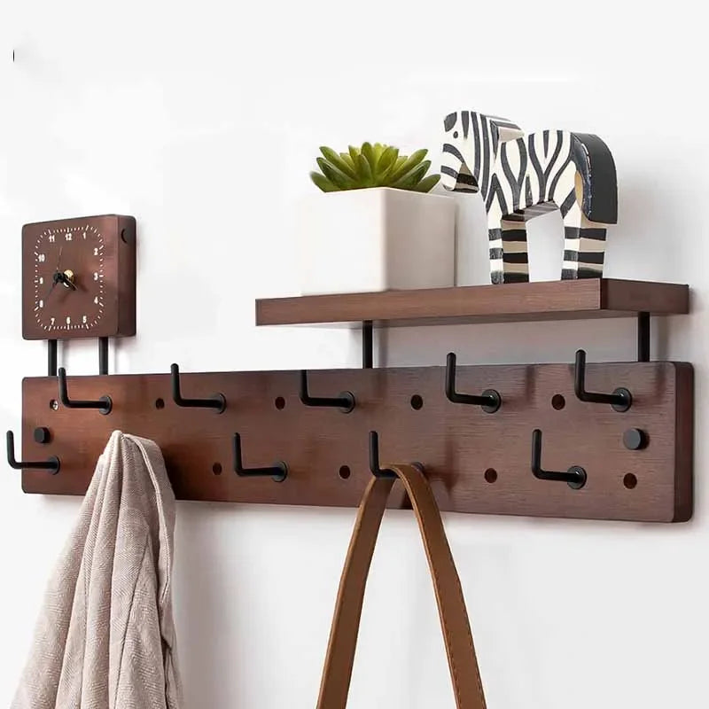 Wall Mounted Coat Rack with Shelf & 10 Hooks – Bamboo Wall Coat Rack Babs C-10 Hook With Clock