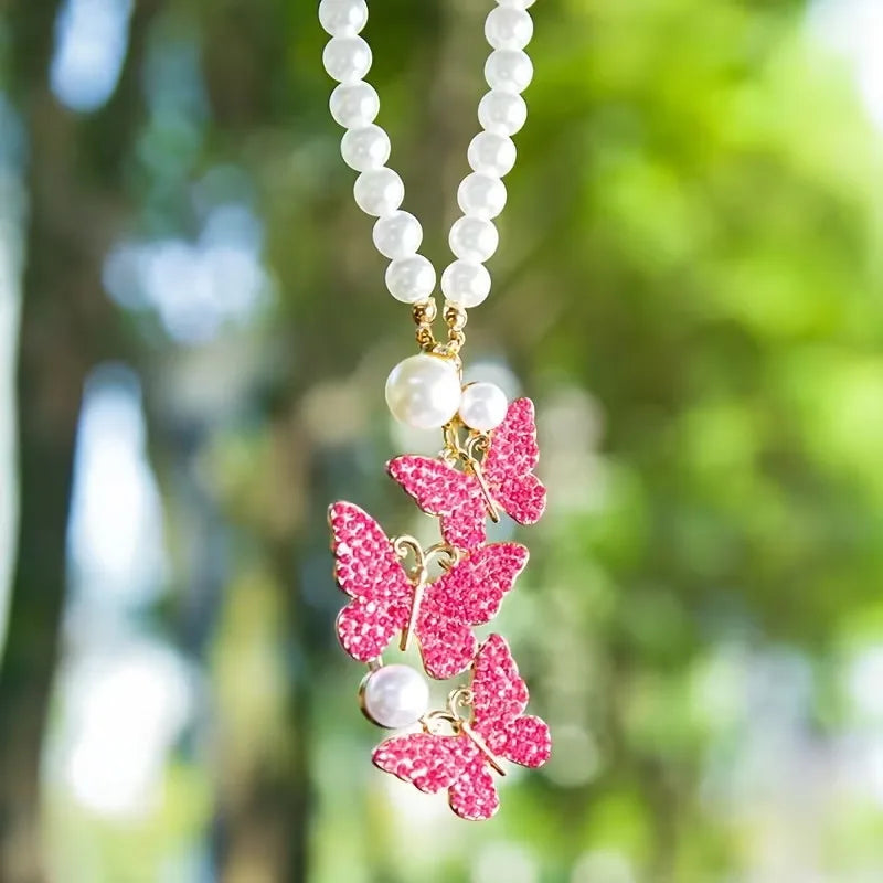 Pearl Butterfly Car Pendant – Rhinestone Alloy Rearview Charm Car Interior Pendant Babs pink