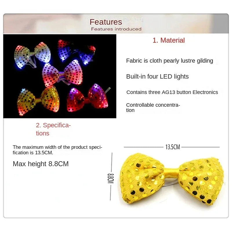 Light Up Sequin Bow Hair Clip & LED Neck Bow – Party Accessory LED Hair Accessory Babs