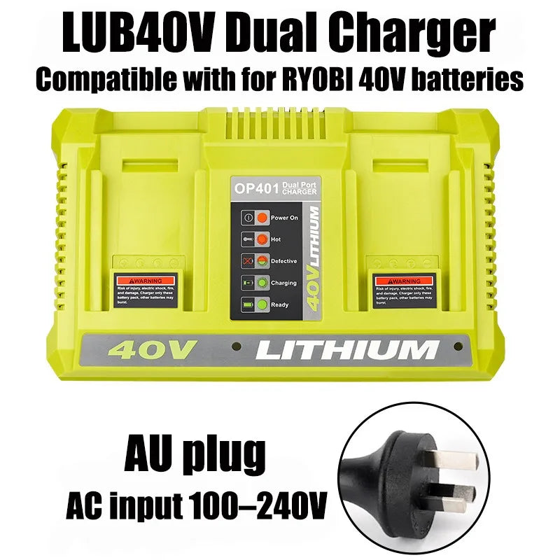 Dual-Port 40V Li-Ion Battery Charger for Ryobi OP401 | US/EU/UK/AU Battery Charger Dock Babs AU plug