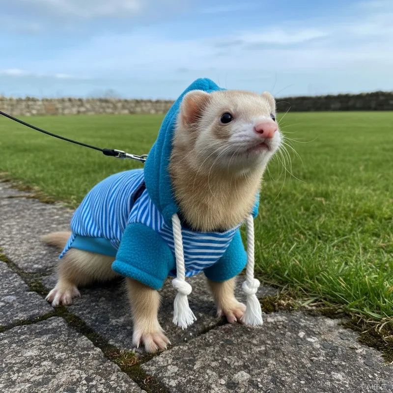 Pet Ferret Hooded Outfit with Leash – Warm Soft Walking Harness Pet Ferret Outfit Babs