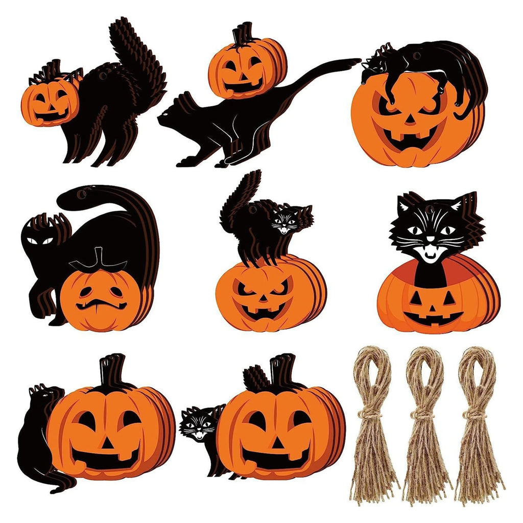 Wooden Halloween Ornaments – Pumpkin & Black Cat Hanging Set Halloween Ornament Set Babs