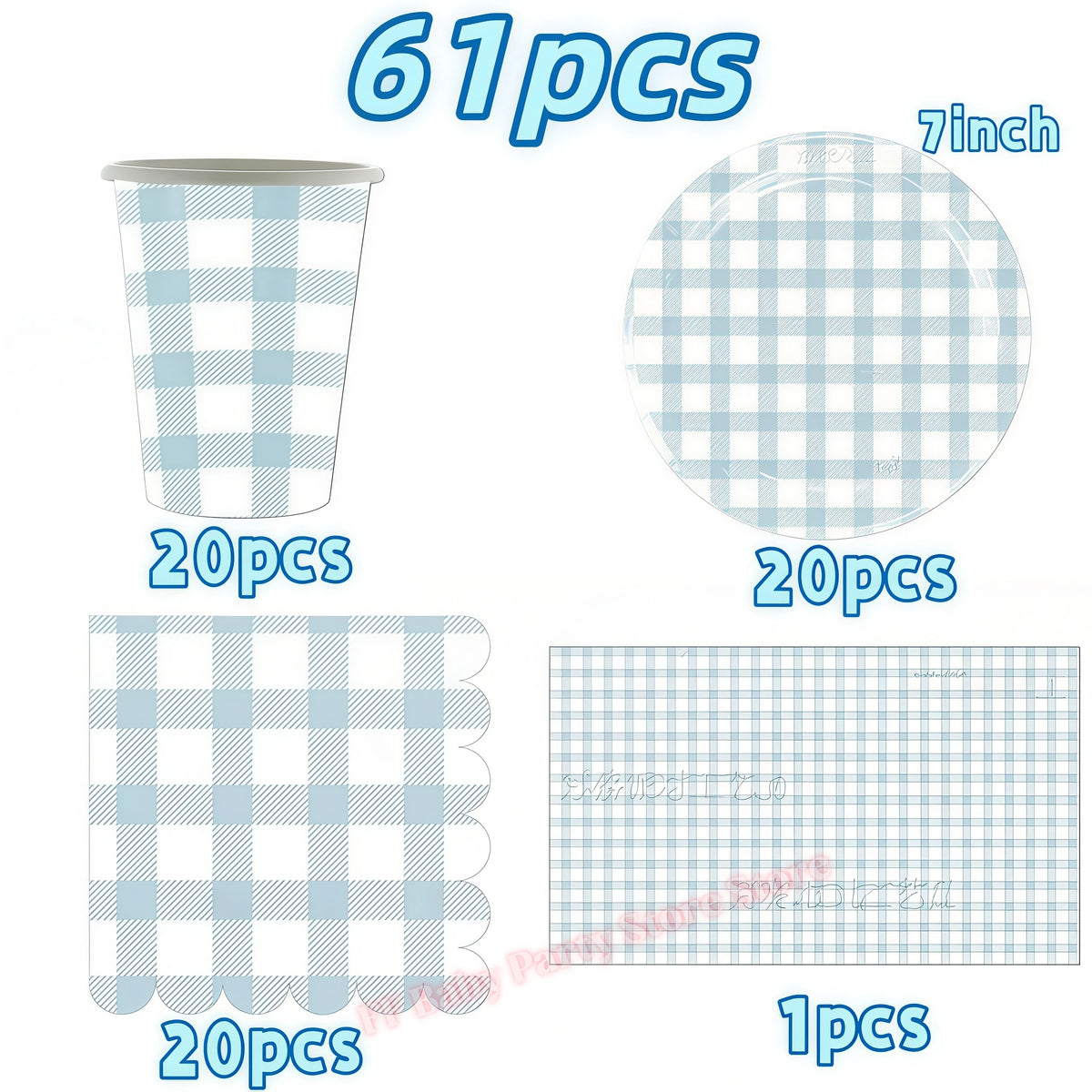 Blue Grid Birthday Party Supplies – Plates, Cups & Napkins Set Party Tableware Set Babs 61pcs others