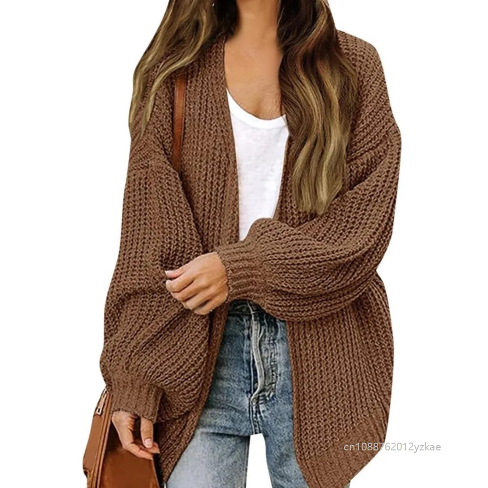 Women's Lantern Sleeve Thick-Knit Cardigan – Loose V-Neck Coat Knit Cardigan Sweater Babs