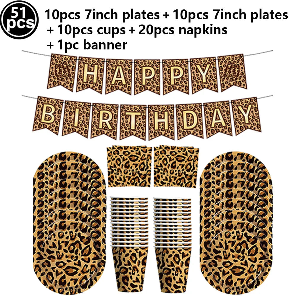Leopard Print Party Supplies – Banner, Plates, Cups & Napkins Party Tableware Set Babs WHITE