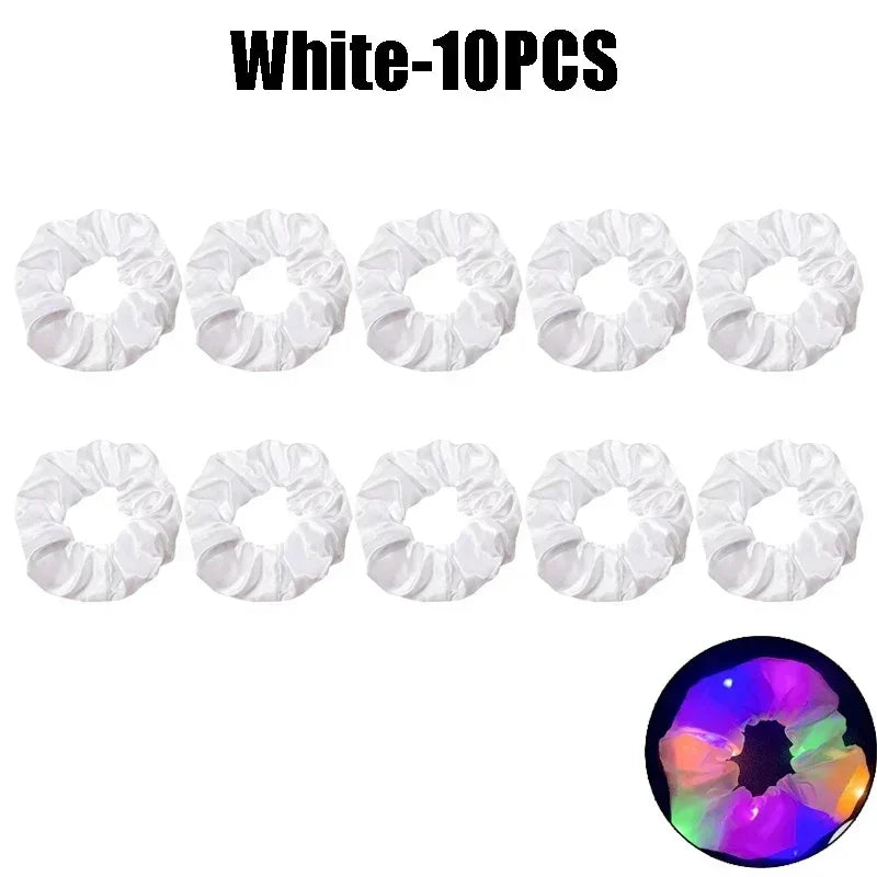 LED Light-Up Scrunchies – Satin Elastic Hair Bands for Parties LED Hair Scrunchies Babs White-10PCS