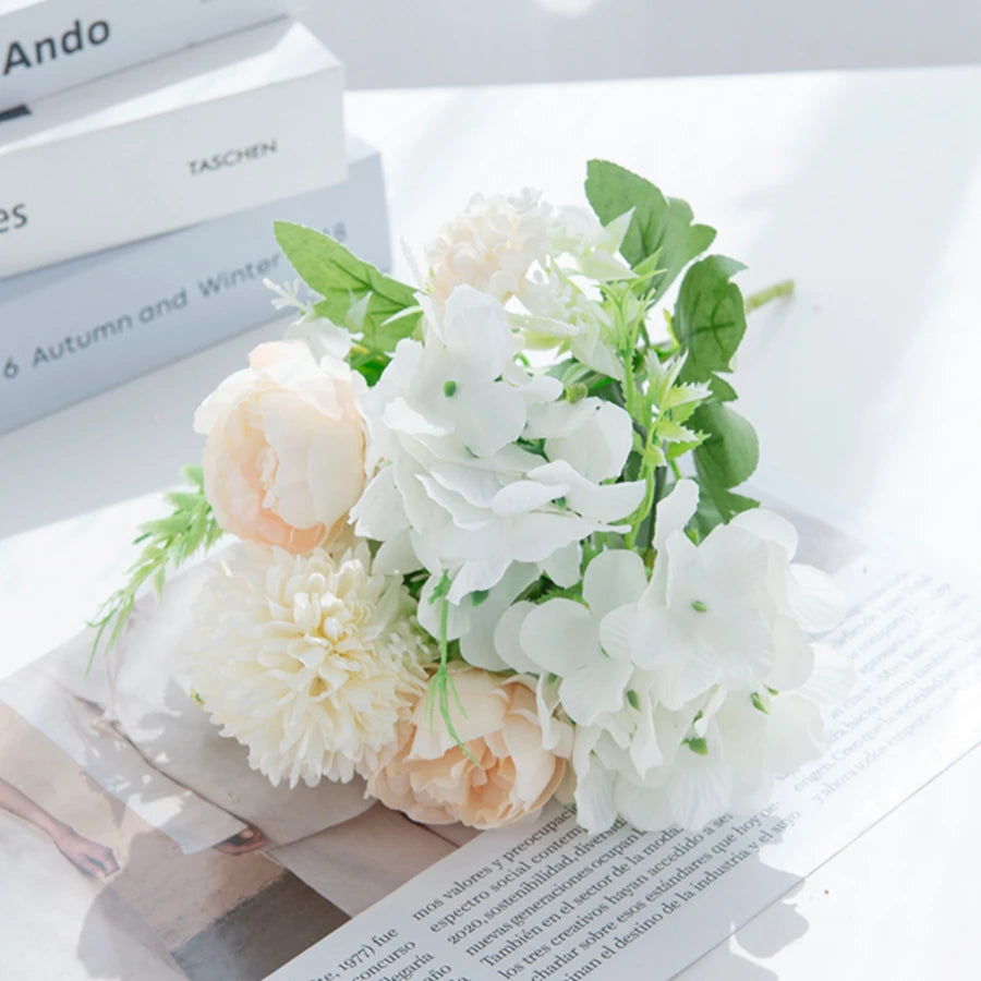 Artificial Silk Peony & Hydrangea Bouquet – 4 Bunches Artificial Flower Bouquet Babs Champagne 5 pcs