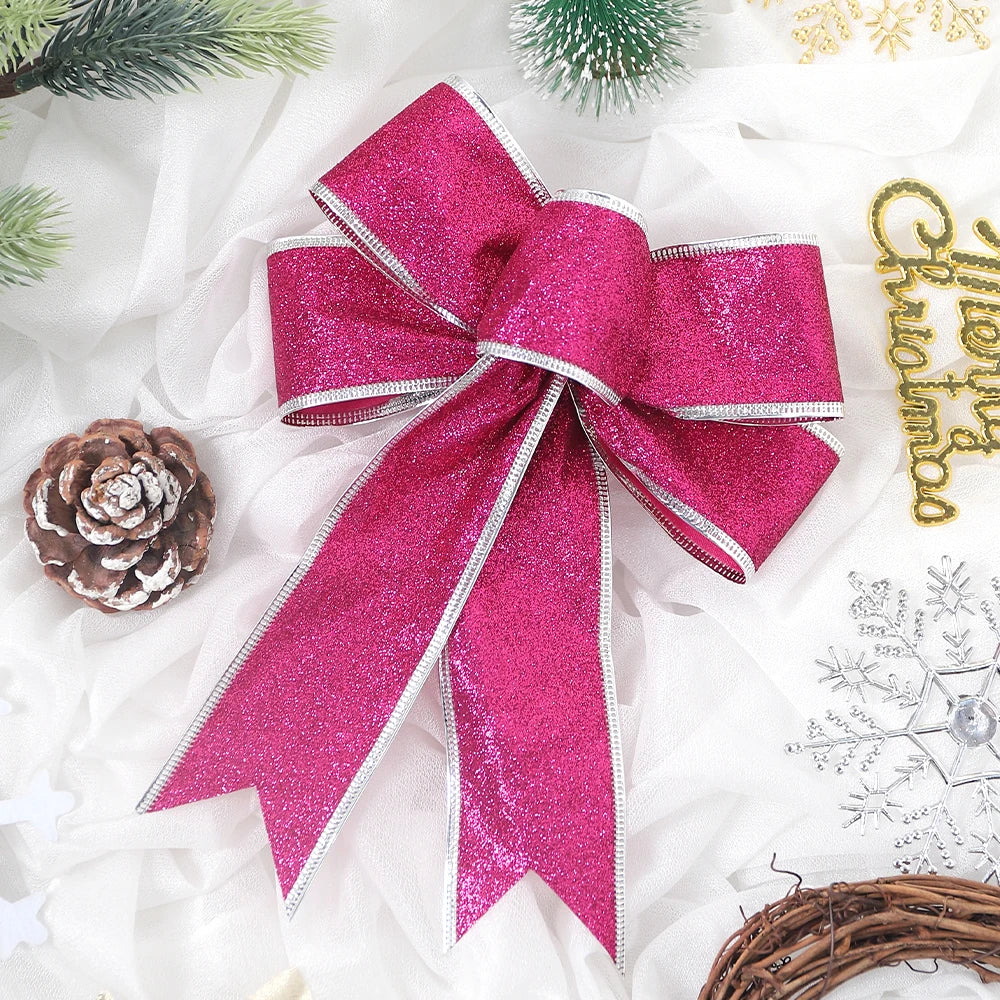 2Pcs 22cm Sparkling Christmas Bow Tree Hanging Ornaments Christmas Bow Ornaments Babs Rose Red 2Pcs