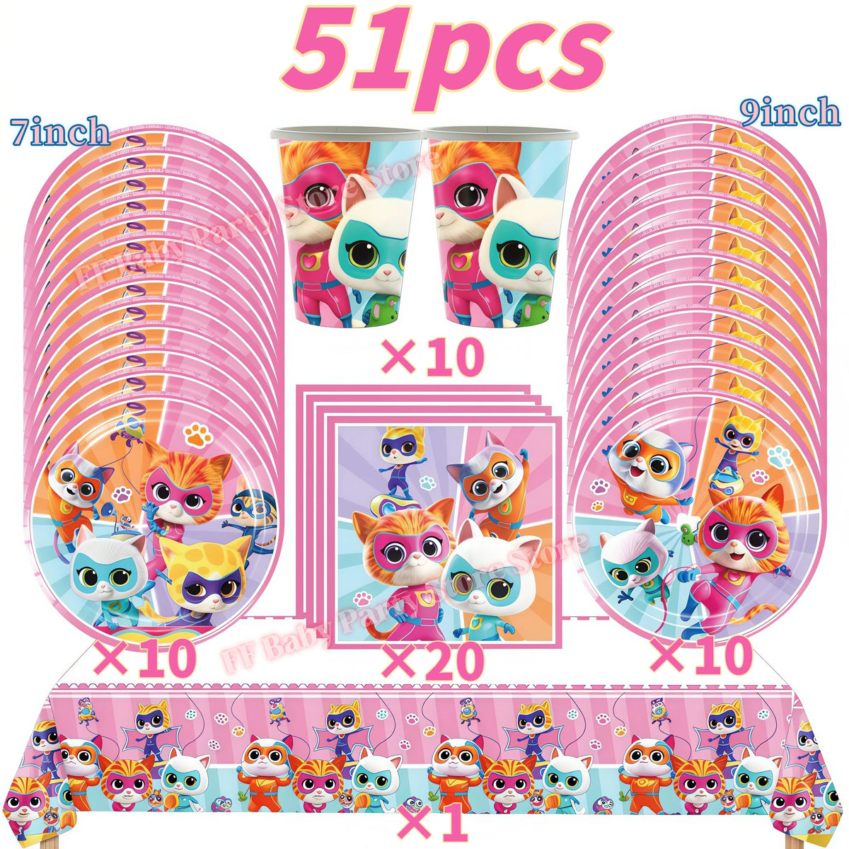 Cat Kitty Birthday Party Supplies – Plates, Cups & Balloons Set Party Supply Kit Babs 51pcs