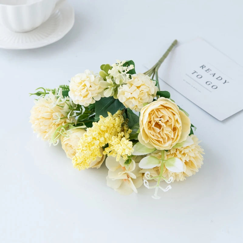 Silk Peony & Hydrangea Artificial Flower Bouquet | Home Decor Artificial Flower Bouquet Babs YELLOW 1 pc