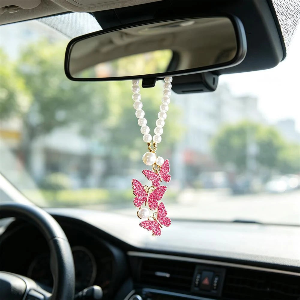 Pearl Butterfly Car Pendant – Rhinestone Alloy Rearview Charm Car Interior Pendant Babs