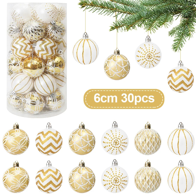 30pcs Gold & White Christmas Ball Ornaments 6cm Xmas Tree Decor Christmas Ball Ornaments Babs