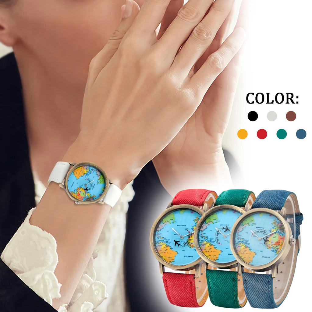 World Map Denim Band Quartz Watch – Unisex Casual Wristwatch Quartz Wristwatch Babs