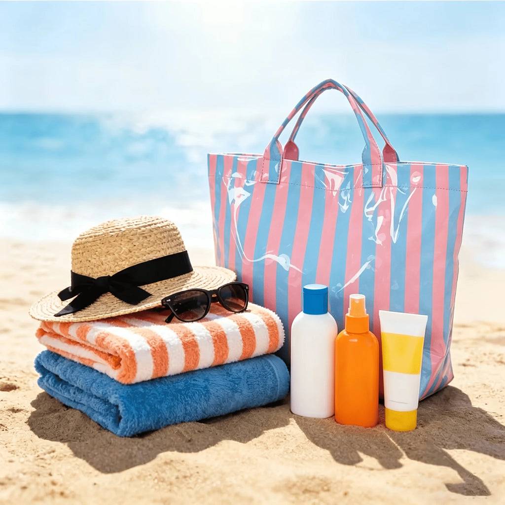 Large Striped PVC Tote Bag – Waterproof Glossy Handbag PVC Tote Bag Babs