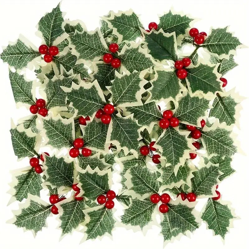 50pcs Artificial Holly Berries & Green Leaves – Christmas Decor Artificial Floral Picks Babs
