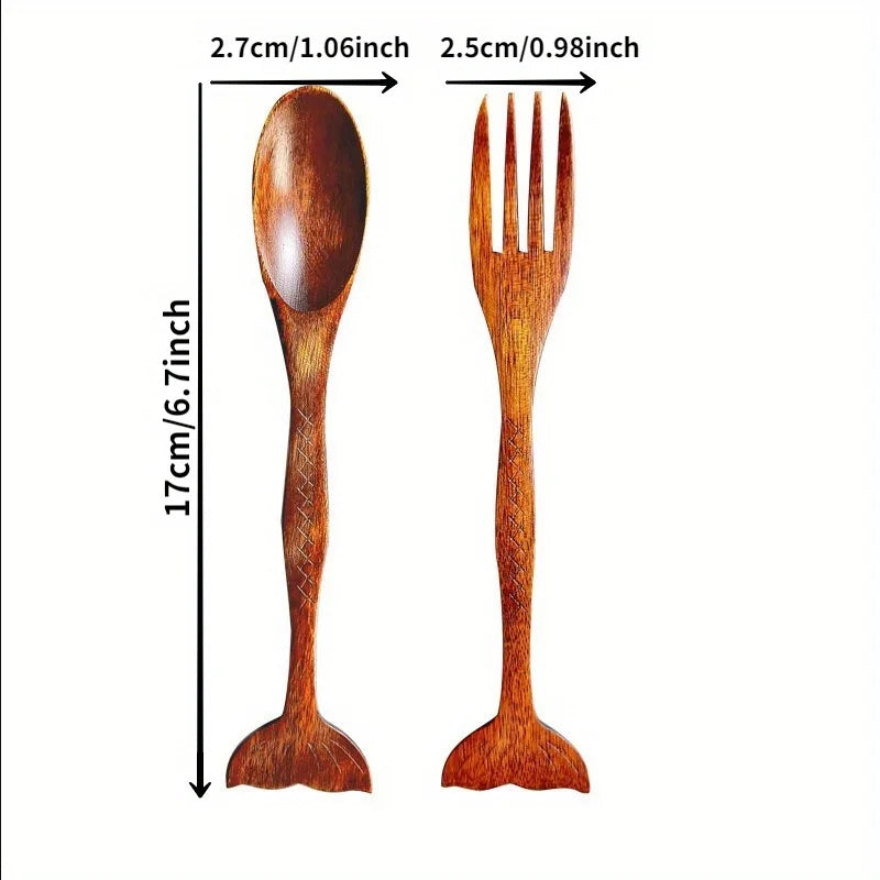 Nanmu Wood Fishtail Spoon & Fork Set – Marine Style Tableware Wooden Cutlery Set Babs