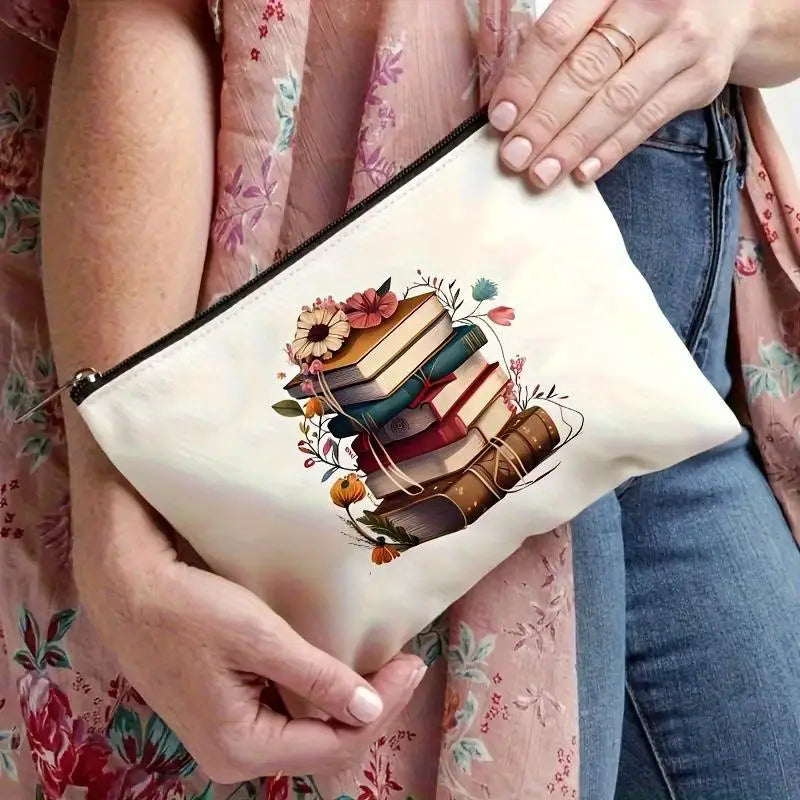 Book Theme Floral Canvas Zipper Pouch – Large Cosmetic Bag Canvas Zipper Pouch Babs